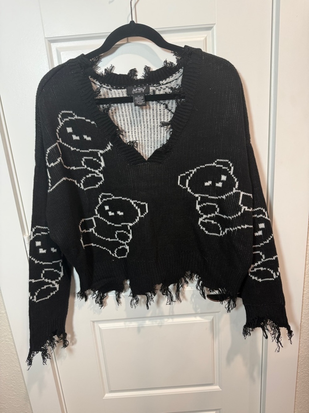 Joyrich Black Knit V-Neck Sweater with White Teddy Bear Motif - Picture 4 of 8